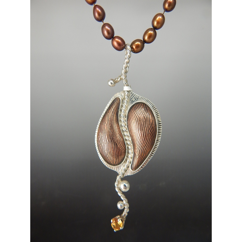 Sterling Silver. Copper & Citrine Pendant w/ Pearls by Harry Mackie