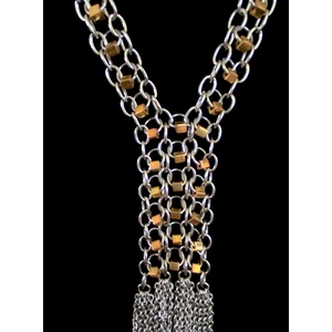 Long Stainless Steel and Gold Chainmail Fringe Necklace - 24k Gold Iris Glass Beads on Extra Lightweight Stainless Steel Chain, Opal Beaded Chains Necklace by Nicole Parisi May
