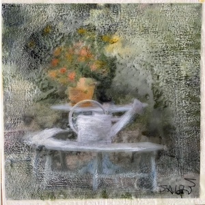 Watering Can in front of Flowers by susan leith