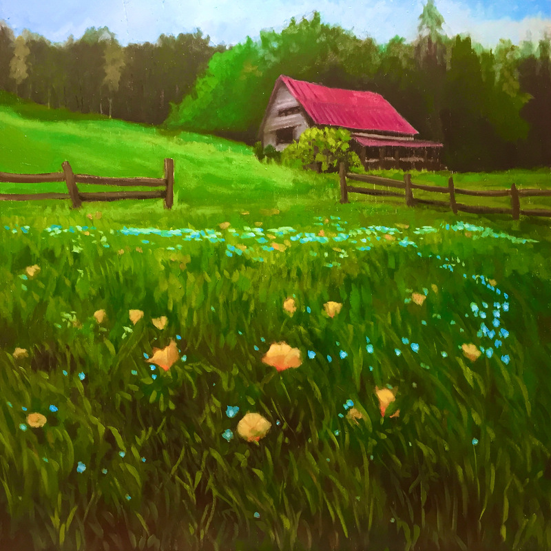 Red roof and wildflowers by Hilary J England