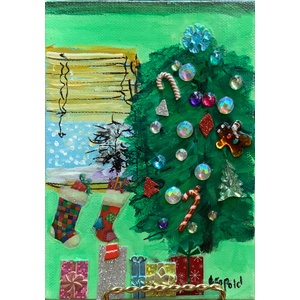 Christmas in a Green Room - 5" X 7" Collage on Gold Easel - Free Shippping by Bob Leopold