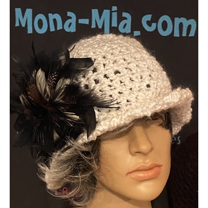 Women’s white silky cloche hat with a feather brooch  by Sherri Gold