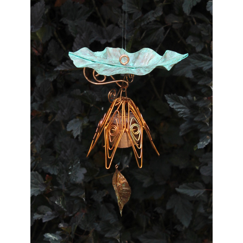 Flamed Copper Hanging Bellflower Chime with Patina Leaf by Lisa Pribanic
