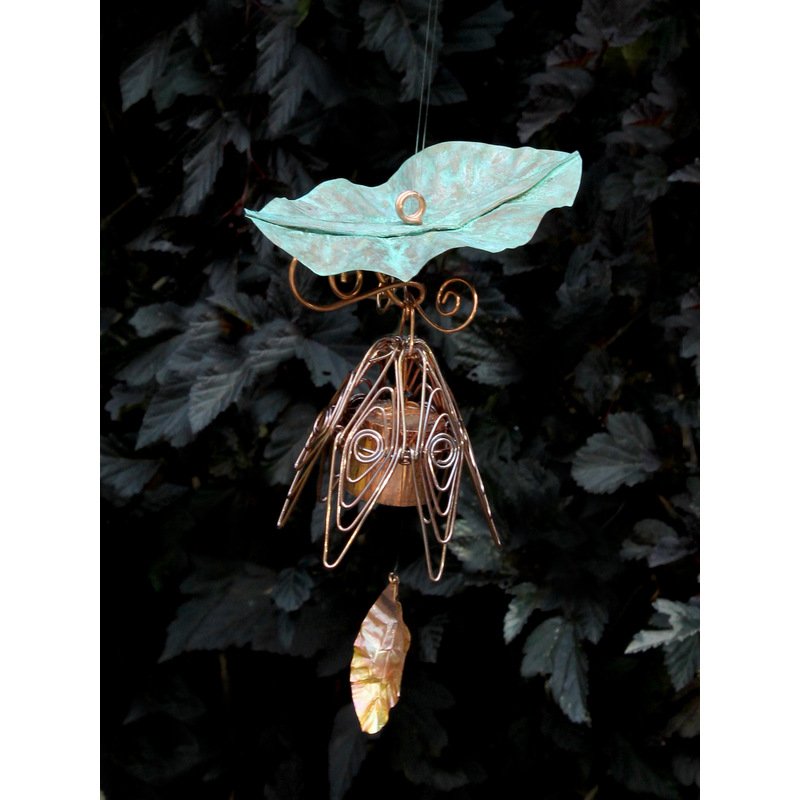 Silver Pink Hanging Bellflower Chime with Patina Leaf by Lisa Pribanic