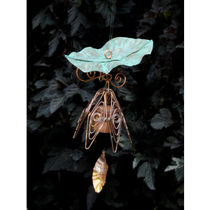 Silver Pink Hanging Bellflower Chime with Patina Leaf by Lisa Pribanic