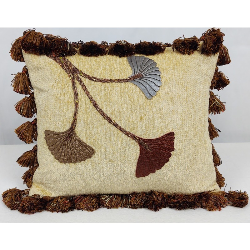 Leather Gingko Leaf Pillow with Tassels by Cynthia Margaret Bye