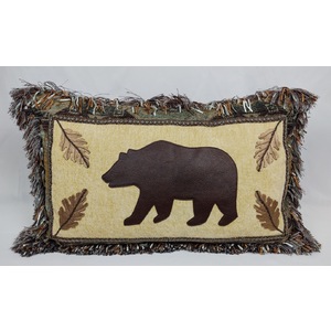 Leather Bear Pillow with Oak Leaves and Fringe by Cynthia Margaret Bye