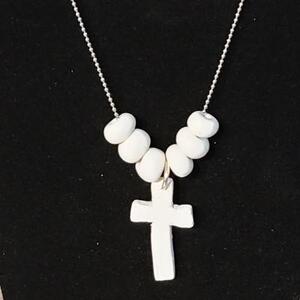 White Cross with Clay Beads Necklace by Susan Paolilli