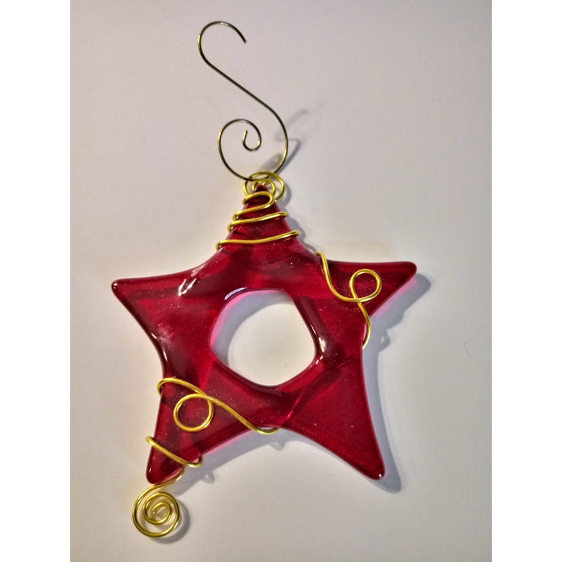 Fused Glass Wire Wrapped Red Star Christmas Ornament by Kat Huddleston