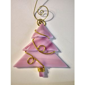 Fused Glass Wire Wrapped Pink Christmas Tree Ornament by Kat Huddleston