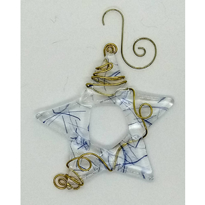 Fused Glass Wire Wrapped Clear w/Blue Bits Star Christmas Ornament by Kat Huddleston