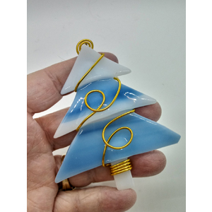 Fused Glass Wire Wrapped Blue and White Christmas Tree Ornament by Kat Huddleston