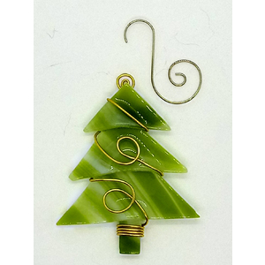 Fused Glass Wire Wrapped Green Christmas Tree Ornament by Kat Huddleston