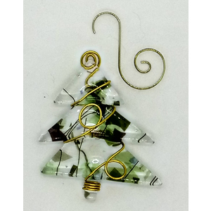 Fused Glass Wire Wrapped Clear with Green Christmas Tree Ornament by Kat Huddleston