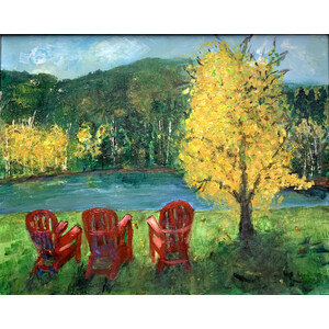 Red Chairs in Autumn - 16" X 20" Framed Original Painting - Free Shipping by Bob Leopold