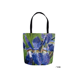 18" x 18" tote bag with purple iris by Linda Sacketti