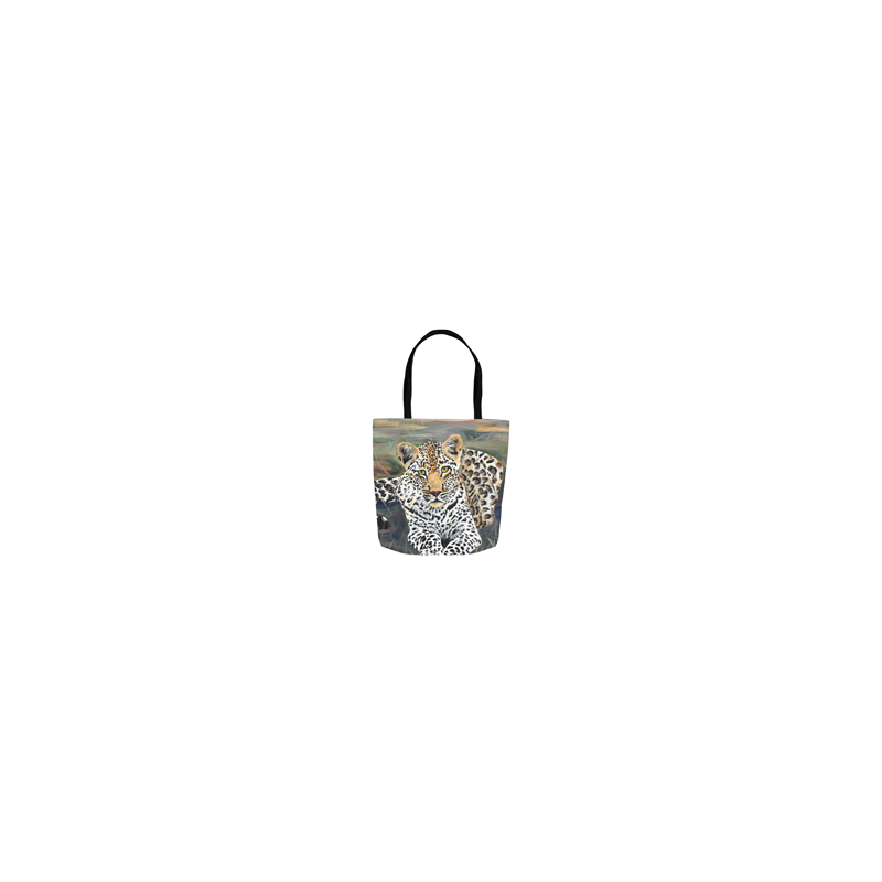 16" x 16" tote bag with leopard image by Linda Sacketti