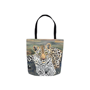 16" x 16" tote bag with leopard image by Linda Sacketti