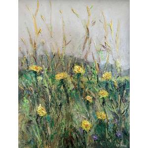 Yellow Flowers in Field - Framed Original Art 18”x24” - free shipping by Bob Leopold