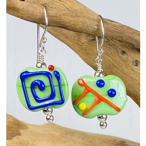 Green Opaque Flat Earrings w/Multicolor Scribbles by Dianna Dinka