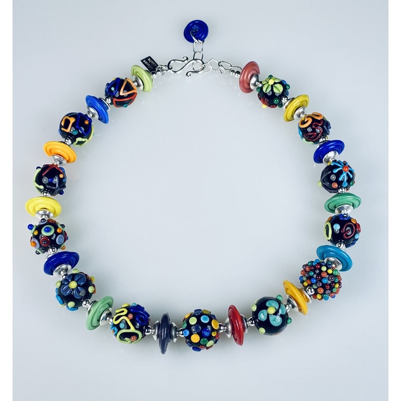 Black Opaque Round Bead Necklace w/Multicolor Flowers & Scribbles by Dianna Dinka