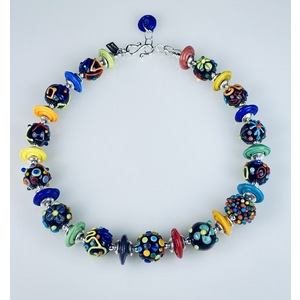Black Opaque Round Bead Necklace w/Multicolor Flowers & Scribbles by Dianna Dinka