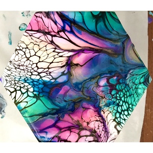 Trivet and 4 coasters painted in fluid art technique by Sue Alexander
