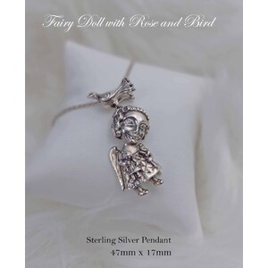 FAIRY DOLL with ROSE and BIRD Fine Art Sterling Silver Handmade Pendant, Handcrafted Doll by Natalia Chebotar