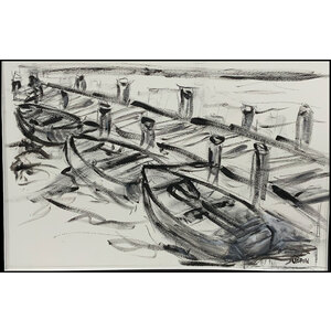 Boats at Pier - 18"X24"  Original black and white painting - FRAMED - Free Shipping by Bob Leopold