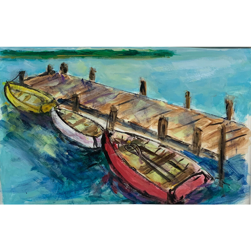 Red Rowboat - 18"X 24" Original Painting - FRAMED - Free Shipping by Bob Leopold
