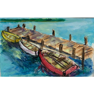 Red Rowboat - 18"X 24" Original Painting - FRAMED - Free Shipping by Bob Leopold