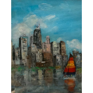 Chicago Skyline with Bright Sailboat - 18"X24" - Original FRAMED painting - Free Shipping by Bob Leopold