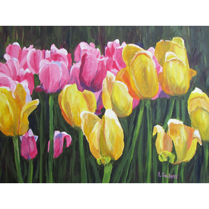 Pink and Yellow Tulips 24" x 18" by Linda Sacketti