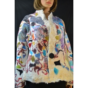 Felt white mosaic jacket embellished colorful silk, wool yarn by Maria Berghauer
