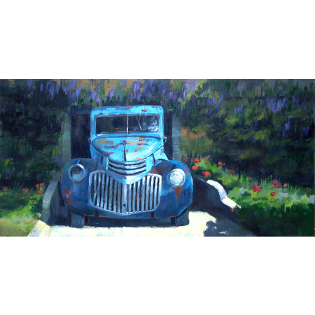 Medium old truck catawampus smile martin lambuth paints with credit cards oil 48x24