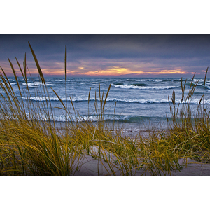 Sunset on the Beach at Lake Michigan with Dune Grass by Randall Nyhof