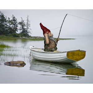 Gnome Fisherman in a White Maine Boat on a Foggy Morning by Randall Nyhof