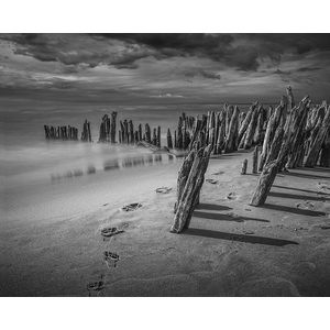 Footprints and Pilings on the Beach in Black and White by Randall Nyhof