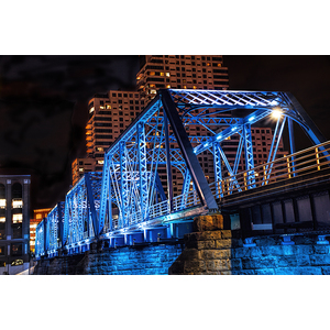 The Blue Walking Bridge from the River Bank Below at Night by Randall Nyhof