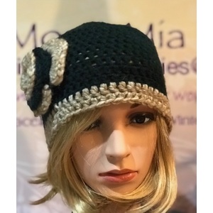 Women’s two tone beanie with a matching flower  by Sherri Gold