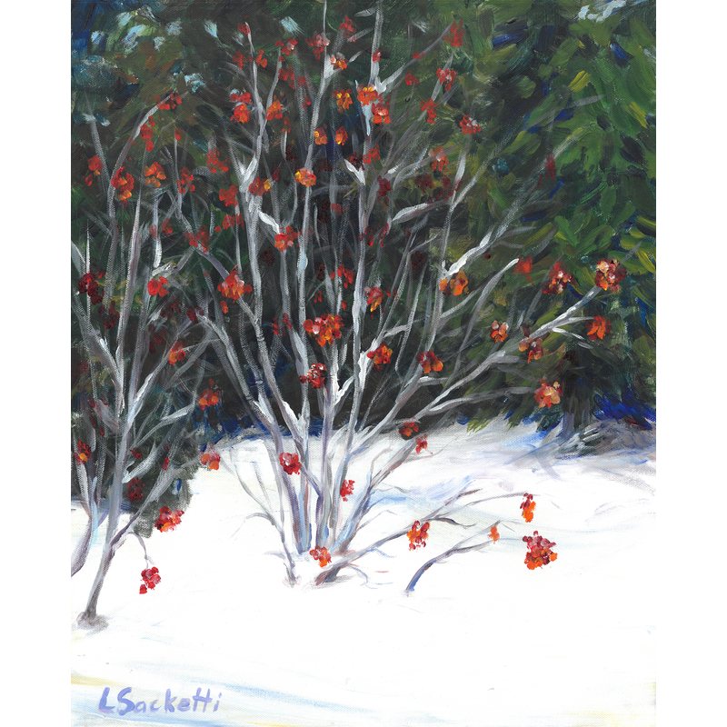 Red Berries in the Snow.  16" x 20" by Linda Sacketti