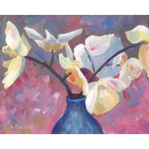 White flowers in a blue vase.  8" x 10", limited edition, giclee print by Linda Sacketti