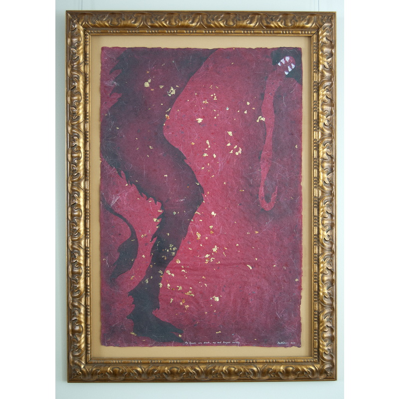 My Hooves are Black My Red Tongue Swells, framed: Krampus Pulp Painting on Handmade Abaca and Recycled Paper with string and gold foil inclusions (2014), Item No. 161.02 by Don Widmer