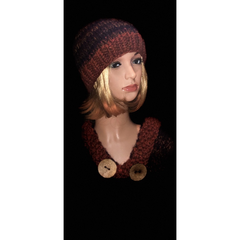 SOLD Women’s two piece set hooded cowl and matching beanie in burned orange and multi by Sherri Gold