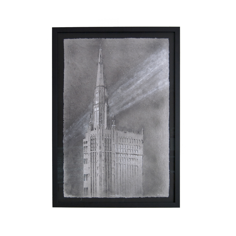 Chicago Temple No. 2 (First United Methodist Church of Chicago), framed: pulp painting on handmade hemp / cotton paper (2018), Item No. 272.02 by Don Widmer