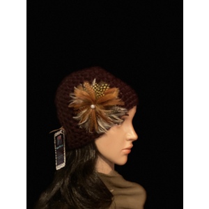 Women’s chocolate brown beanie with a feather brooch. by Sherri Gold