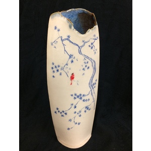 Red Cardinal on Blue Cherry Blossoms Mishima Vase by Sarah Hunt Frank