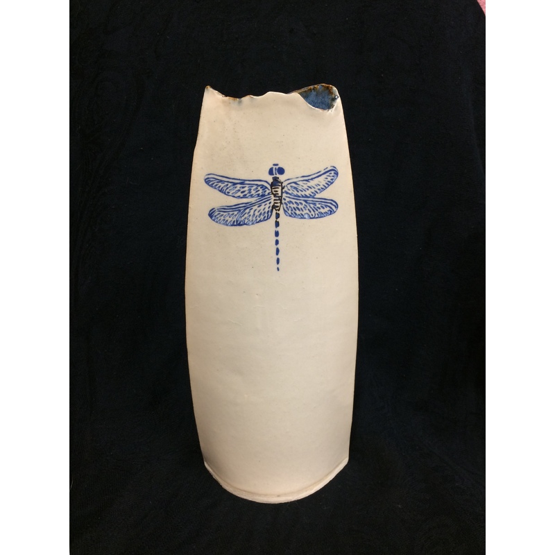 Vertical Blue Dragonfly, Angled Dragonfly Back Vase by Sarah Hunt Frank