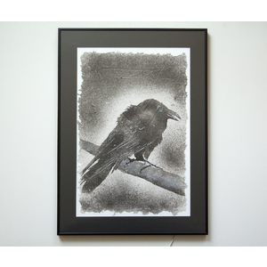 Huginn No. 16, framed – pulp painting of Odin's Raven on handmade paper with  watermark (2019), Item No. 274.16 by Don Widmer