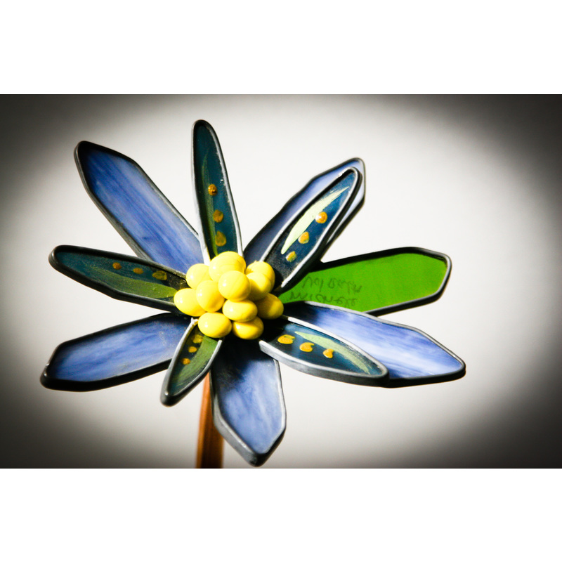 Yellow and Blue 3-D small stained glass garden flower - Gift, Handmade, Garden, Garden Art, Women, Man, Diane Michele Volrath LLC by Diane  Volrath